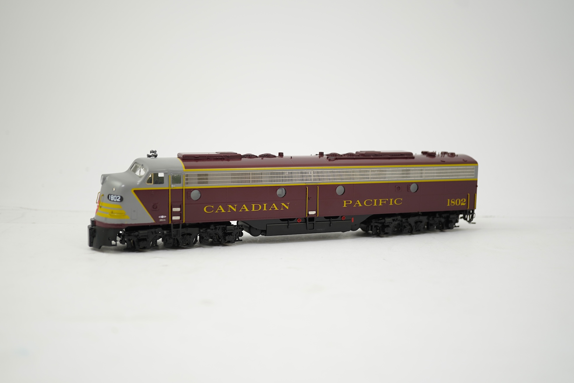 A boxed HO gauge Overland Models Inc. model of Canadian Pacific Railway E8A, 1802, Co-Co diesel locomotive, powered for two rail operation.